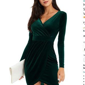 Women Wrap V Neck Long Sleeve  Bodycon Green Cocktail Velvet Dress